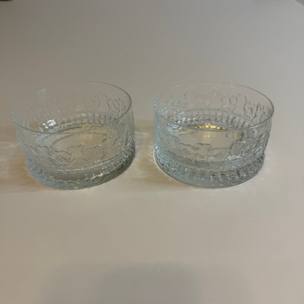 Vintage Clear Pressed Glass Floral Embossed Dessert Bowls Set of 2